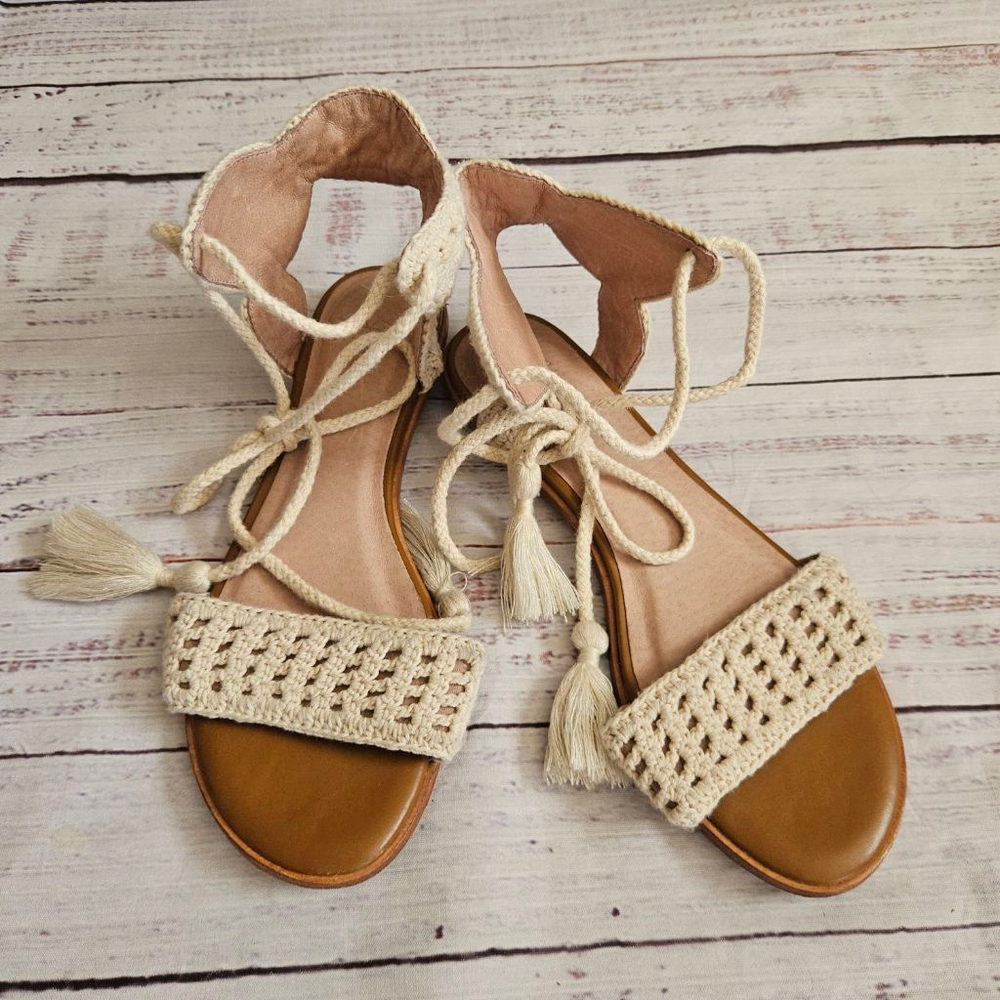 Joie Beige Crochet Boho Leather Tie Around Flat Sandals Lace Up Womens 38